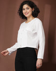 White solid opaque Casual Buttoned Top