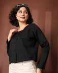Black collarless Full Sleeve Buttoned Top