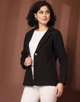Solid Black Cotton Single-Breasted Blazers