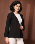 Solid Black Cotton Single-Breasted Blazers