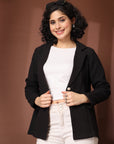 Solid Black Cotton Single-Breasted Blazers