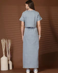 Solid Denim Round Neck Top With Skirt Co-Ords Set