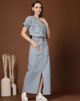 Solid Denim Round Neck Top With Skirt Co-Ords Set