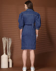 Blue Solid Shirt Collar Dress