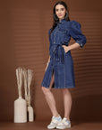 Blue Solid Shirt Collar Dress