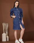 Blue Solid Shirt Collar Dress
