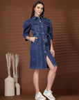 Blue Solid Shirt Collar Dress