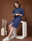 Blue Solid Shirt Collar Dress