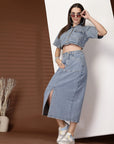 Solid Blue Shirt With Skirt Co-Ords Set