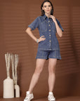 Blue Solid Shirt With Shorts Co-Ords Set