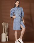 Light Blue Solid Shirt Collar Dress
