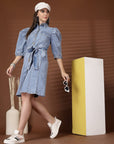 Light Blue Solid Shirt Collar Dress