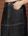 Black Solid Denim Round Neck Top With Skirt Co-Ords