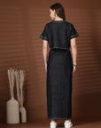 Black Solid Denim Round Neck Top With Skirt Co-Ords