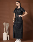 Black Solid Denim Round Neck Top With Skirt Co-Ords