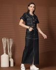 Black Solid Denim Round Neck Top With Skirt Co-Ords
