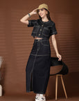 Black Solid Denim Round Neck Top With Skirt Co-Ords