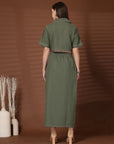 Olive Solid Shirt collar Top With Skirt Co-Ords Set