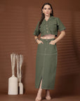 Olive Solid Shirt collar Top With Skirt Co-Ords Set