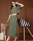 Olive Solid Shirt collar Top With Skirt Co-Ords Set