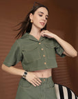 Olive Solid Shirt collar Top With Skirt Co-Ords Set