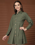 Olive Green Solid Shirt Collar Dress