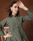 Olive Green Solid Shirt Collar Dress