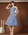 Solid Light Blue Fit & Flare Shoulder Straps Dress