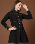 Solid Black Shirt Collar Dress