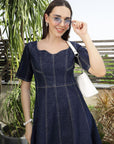 Solid Denim Square Neck Half Short Sleeve Dress blue