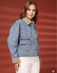 Women Front Open Solid Blue Denim Jacket
