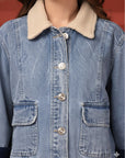 Women Front Open Solid Blue Denim Jacket