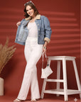 Women Front Open Solid Blue Denim Jacket