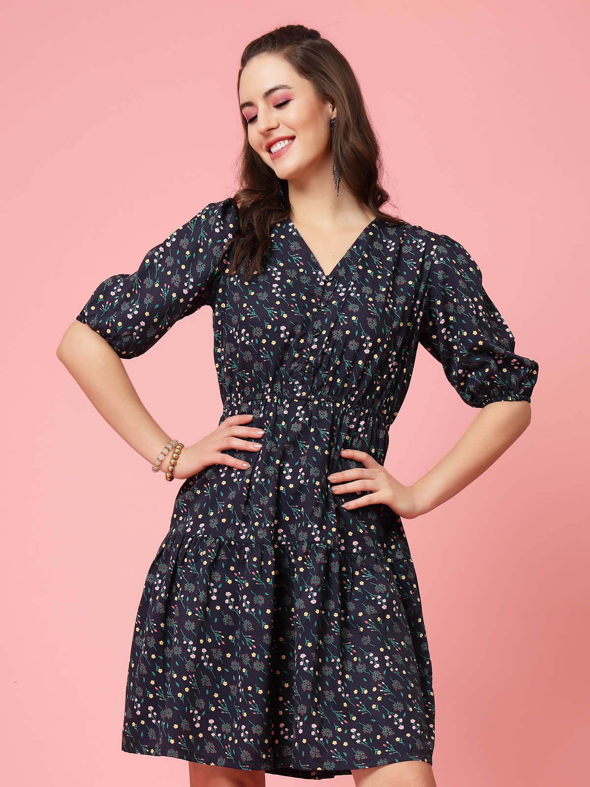 Black Blue Floral Printed V-Neck Puff Sleeves Gathered A-Line Dress  CINK