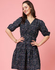 Black Blue Floral Printed V-Neck Puff Sleeves Gathered A-Line Dress