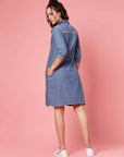 Blue Solid Shirt Style Denim Dress