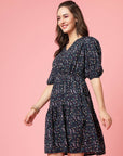 Black Blue Floral Printed V-Neck Puff Sleeves Gathered A-Line Dress