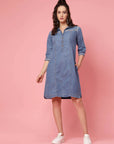 Blue Solid Shirt Style Denim Dress