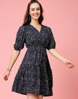 Black Blue Floral Printed V-Neck Puff Sleeves Gathered A-Line Dress