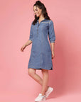 Blue Solid Shirt Style Denim Dress
