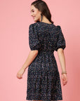 Black Blue Floral Printed V-Neck Puff Sleeves Gathered A-Line Dress