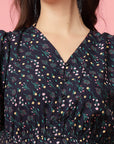 Black Blue Floral Printed V-Neck Puff Sleeves Gathered A-Line Dress