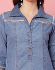 Blue Solid Shirt Style Denim Dress