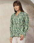 Women Floral Opaque Printed Casual Cotton Buttoned Top