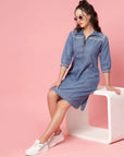 Blue Solid Shirt Style Denim Dress