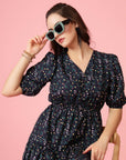 Black Blue Floral Printed V-Neck Puff Sleeves Gathered A-Line Dress