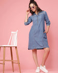 Blue Solid Shirt Style Denim Dress