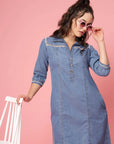 Blue Solid Shirt Style Denim Dress