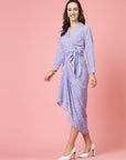 Purple White Floral Printed Shirt Collar Cuffed Sleeves Gathered Maxi Dress