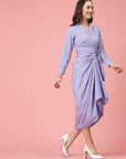 Purple White Floral Printed Shirt Collar Cuffed Sleeves Gathered Maxi Dress